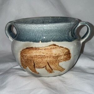 Handcrafted Studio Pottery Gray and Cream Bear Ceramic Pottery planter/vase